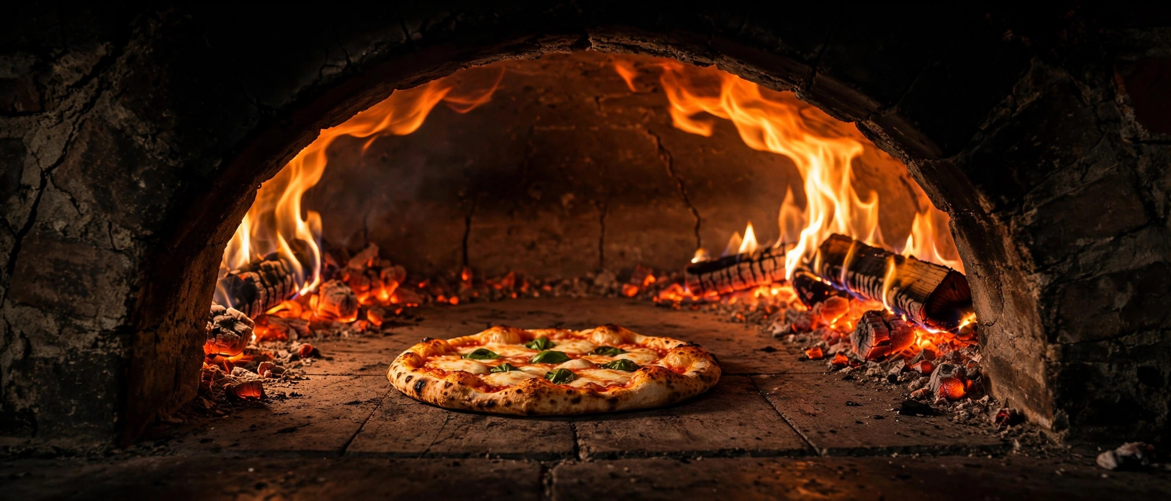 Wood-fired pizza oven with flames